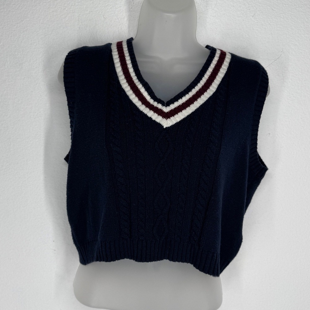 Witty Fox Navy Blue Cable Knit V-Neck Cropped Sweater Vest Small Preppy Varsity